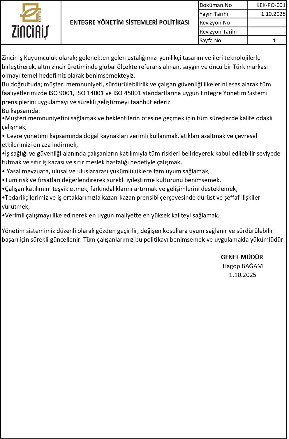  Entegre Yönetim Sistemleri Politikası